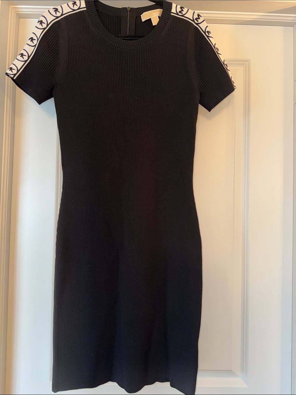 Michael Kors Black Knit Midi Dress with White Logo Tape